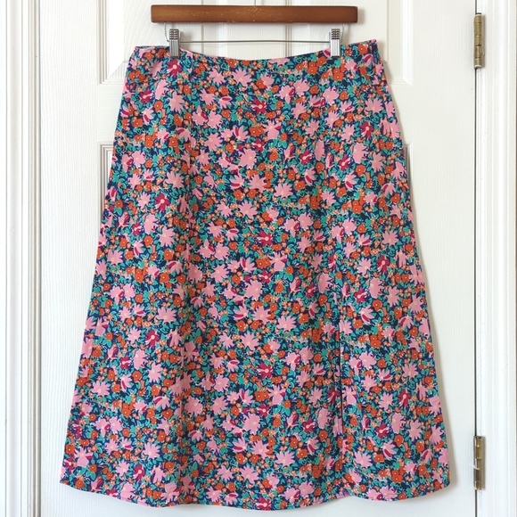 Loft Bright Daisy Linen Blend High Waisted Side Slit A-Line Midi Skirt Pink 12P - Picture 1 of 12